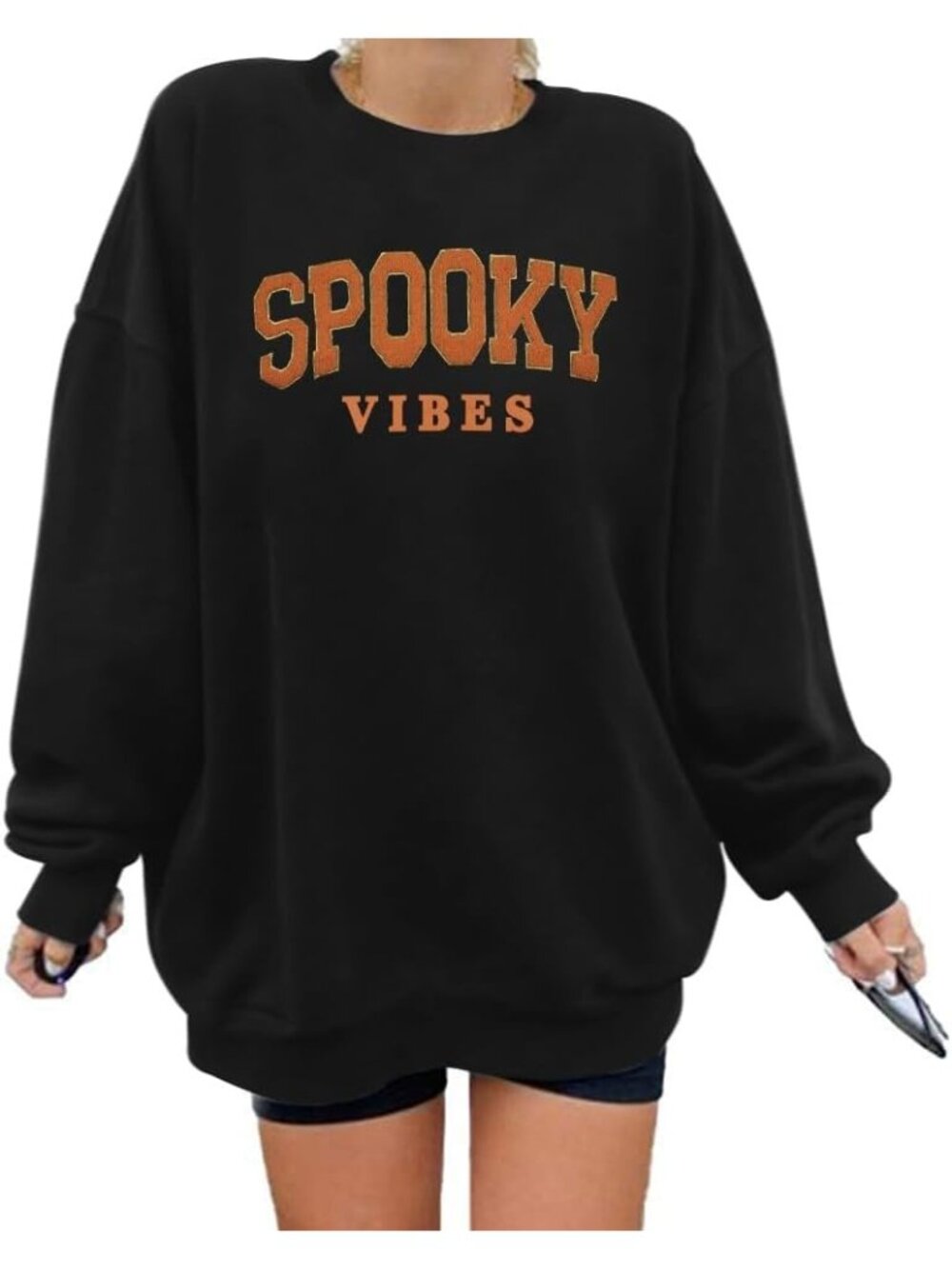 🆕 Women's Black Spooky Vibes Orange Graphic Oversized Crewneck Pullover